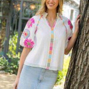 THML White Embroidered Puff-Sleeve Top with Purple & Blue Floral Accents  Medium